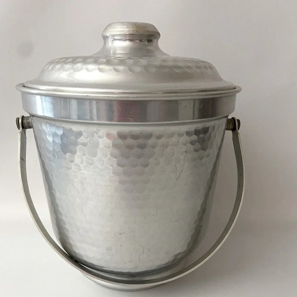 Vintage Ice Bucket Hammered Aluminum with Handle, MCM, Made in Italy